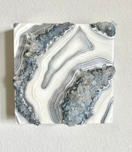 Load image into Gallery viewer, Silver &amp; White Geode Wall Art w/ Blue Calcite &amp; Brazilian Quartz Crystals - 10&quot; x 10&quot; x 4&quot;

