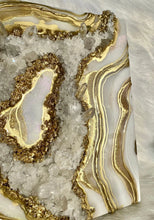 Load image into Gallery viewer, Gold, White, &amp; Pink Geode Wall Art w/ Brazilian Quartz Crystals - 12&quot; x 12&quot; x 4&quot;
