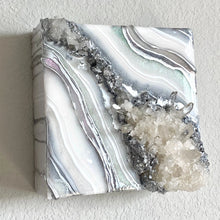 Load image into Gallery viewer, Mini Silver &amp; White Iridescent Geode Wall art w/ Brazilian Amethyst Points - 6&quot; x 6&quot; x 3&quot;
