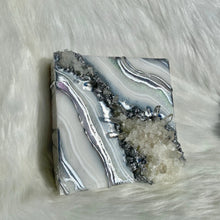 Load image into Gallery viewer, Mini Silver &amp; White Iridescent Geode Wall art w/ Brazilian Amethyst Points - 6&quot; x 6&quot; x 3&quot;
