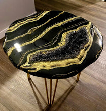 Load image into Gallery viewer, Black &amp; Gold Accent Table with Pyrite, Smoky Quartz Points &amp; Hairpin Legs - 24&quot;x 24&quot;x 21&quot;
