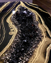 Load image into Gallery viewer, Black &amp; Gold Accent Table with Pyrite, Smoky Quartz Points &amp; Hairpin Legs - 24&quot;x 24&quot;x 21&quot;
