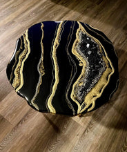 Load image into Gallery viewer, Black &amp; Gold Accent Table with Pyrite, Smoky Quartz Points &amp; Hairpin Legs - 24&quot;x 24&quot;x 21&quot;
