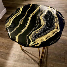 Load image into Gallery viewer, Black &amp; Gold Accent Table with Pyrite, Smoky Quartz Points &amp; Hairpin Legs - 24&quot;x 24&quot;x 21&quot;

