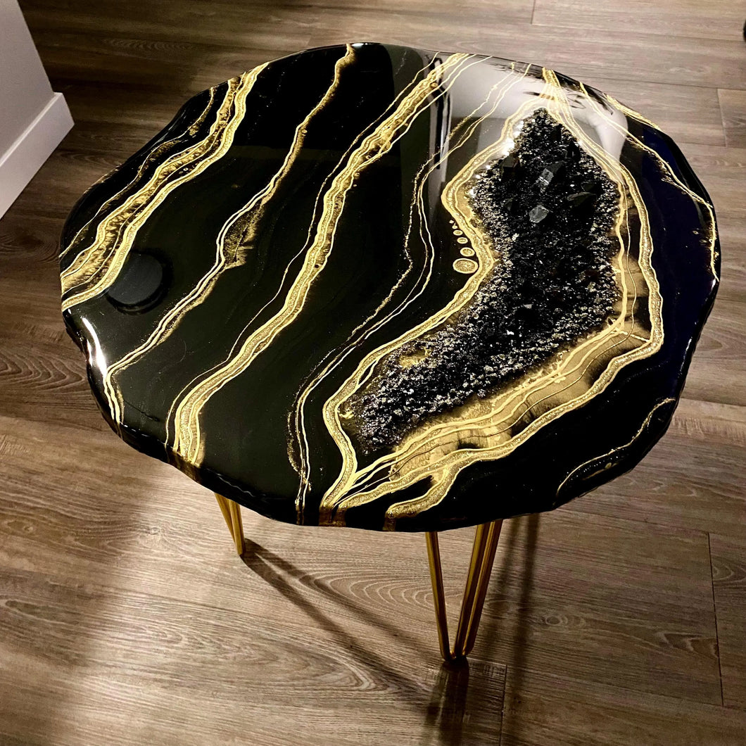 Black & Gold Accent Table with Pyrite, Smoky Quartz Points & Hairpin Legs - 24