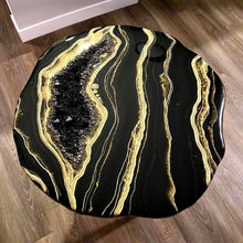 Load image into Gallery viewer, Black &amp; Gold Accent Table with Pyrite, Smoky Quartz Points &amp; Hairpin Legs - 24&quot;x 24&quot;x 21&quot;

