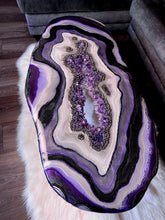 Load image into Gallery viewer, Large Epoxy Geode Coffee Table with Brazilian Amethyst Points &amp; Hairpin Legs - 47&quot; x 24&quot; x 18.5&quot;
