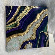 Load image into Gallery viewer, Purple, Green, &amp; Gold w/ Green Calcite Crystals 12&quot; x 12&quot; x 3&quot;
