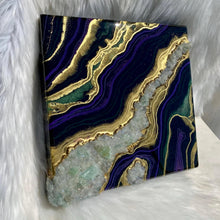 Load image into Gallery viewer, Purple, Green, &amp; Gold w/ Green Calcite Crystals 12&quot; x 12&quot; x 3&quot;
