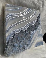Load image into Gallery viewer, White, silver, &amp; Iridescent Blue w/ Blue Calcite Crystals 12&quot; x 12&quot; x 3&quot;
