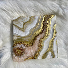 Load image into Gallery viewer, White &amp; Gold Geode w/ Rose Quartz Crystals 10&quot; x 10&quot; x 3&quot;
