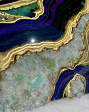 Load image into Gallery viewer, Purple, Green, &amp; Gold w/ Green Calcite Crystals 12&quot; x 12&quot; x 3&quot;
