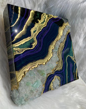 Load image into Gallery viewer, Purple, Green, &amp; Gold w/ Green Calcite Crystals 12&quot; x 12&quot; x 3&quot;
