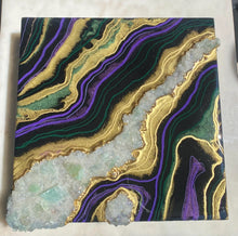 Load image into Gallery viewer, Purple, Green, &amp; Gold w/ Green Calcite Crystals 12&quot; x 12&quot; x 3&quot;
