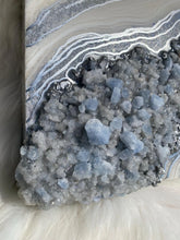 Load image into Gallery viewer, White, silver, &amp; Iridescent Blue w/ Blue Calcite Crystals 12&quot; x 12&quot; x 3&quot;
