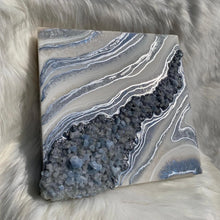 Load image into Gallery viewer, White, silver, &amp; Iridescent Blue w/ Blue Calcite Crystals 12&quot; x 12&quot; x 3&quot;
