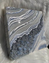 Load image into Gallery viewer, White, silver, &amp; Iridescent Blue w/ Blue Calcite Crystals 12&quot; x 12&quot; x 3&quot;
