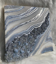 Load image into Gallery viewer, White, silver, &amp; Iridescent Blue w/ Blue Calcite Crystals 12&quot; x 12&quot; x 3&quot;
