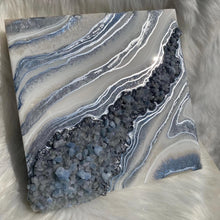 Load image into Gallery viewer, White, silver, &amp; Iridescent Blue w/ Blue Calcite Crystals 12&quot; x 12&quot; x 3&quot;
