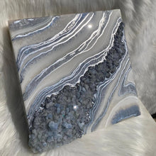 Load image into Gallery viewer, White, silver, &amp; Iridescent Blue w/ Blue Calcite Crystals 12&quot; x 12&quot; x 3&quot;
