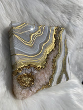 Load image into Gallery viewer, White &amp; Gold Geode w/ Rose Quartz Crystals 10&quot; x 10&quot; x 3&quot;
