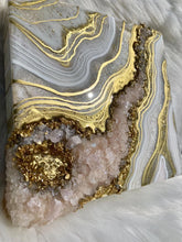 Load image into Gallery viewer, White &amp; Gold Geode w/ Rose Quartz Crystals 10&quot; x 10&quot; x 3&quot;
