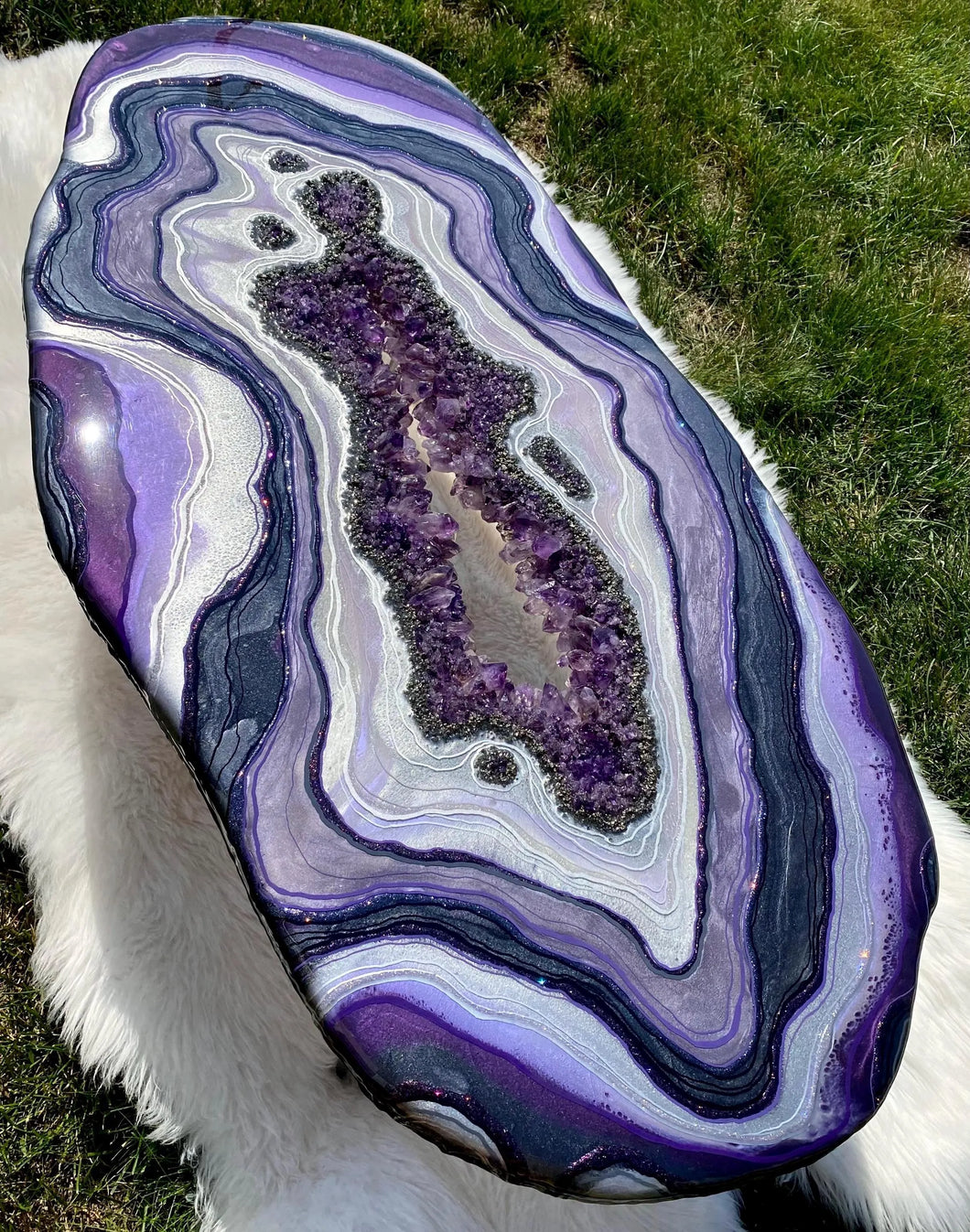 Large Epoxy Geode Coffee Table with Brazilian Amethyst Points & Hairpin Legs - 47