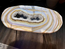 Load image into Gallery viewer, Rainbow Moonstone Geode Coffee Table w/ Brazilian Quartz Points &amp; Hairpin Legs - 48" x 24" x 18.5"
