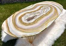 Load image into Gallery viewer, Rainbow Moonstone Geode Coffee Table w/ Brazilian Quartz Points &amp; Hairpin Legs - 48" x 24" x 18.5"
