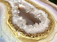 Load image into Gallery viewer, Rainbow Moonstone Geode Coffee Table w/ Brazilian Quartz Points &amp; Hairpin Legs - 48" x 24" x 18.5"
