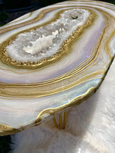 Load image into Gallery viewer, Rainbow Moonstone Geode Coffee Table w/ Brazilian Quartz Points &amp; Hairpin Legs - 48" x 24" x 18.5"
