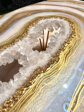 Load image into Gallery viewer, Rainbow Moonstone Geode Coffee Table w/ Brazilian Quartz Points &amp; Hairpin Legs - 48" x 24" x 18.5"
