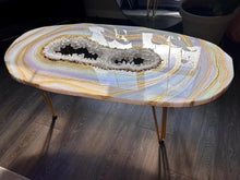 Load image into Gallery viewer, Rainbow Moonstone Geode Coffee Table w/ Brazilian Quartz Points &amp; Hairpin Legs - 48" x 24" x 18.5"
