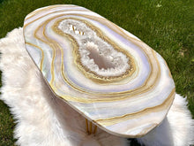 Load image into Gallery viewer, Rainbow Moonstone Geode Coffee Table w/ Brazilian Quartz Points &amp; Hairpin Legs - 48" x 24" x 18.5"
