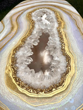 Load image into Gallery viewer, Rainbow Moonstone Geode Coffee Table w/ Brazilian Quartz Points &amp; Hairpin Legs - 48" x 24" x 18.5"
