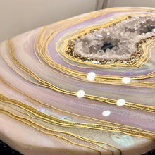 Load image into Gallery viewer, Rainbow Moonstone Geode Coffee Table w/ Brazilian Quartz Points &amp; Hairpin Legs - 48" x 24" x 18.5"
