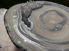 Load image into Gallery viewer, Mother of Pearl Geode Table w/ Brazilian Quartz Points &amp; Chrome Hairpin Legs - 24"x 24"x 16.75"
