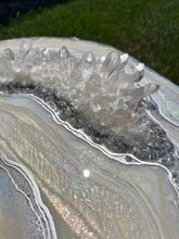 Load image into Gallery viewer, Mother of Pearl Geode Table w/ Brazilian Quartz Points &amp; Chrome Hairpin Legs - 24"x 24"x 16.75"
