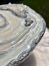 Load image into Gallery viewer, Mother of Pearl Geode Table w/ Brazilian Quartz Points &amp; Chrome Hairpin Legs - 24"x 24"x 16.75"
