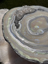 Load image into Gallery viewer, Mother of Pearl Geode Table w/ Brazilian Quartz Points &amp; Chrome Hairpin Legs - 24"x 24"x 16.75"
