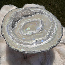 Load image into Gallery viewer, Mother of Pearl Geode Table w/ Brazilian Quartz Points &amp; Chrome Hairpin Legs - 24"x 24"x 16.75"
