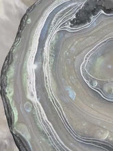 Load and play video in Gallery viewer, Mother of Pearl Geode Table w/ Brazilian Quartz Points &amp; Chrome Hairpin Legs - 24"x 24"x 16.75"
