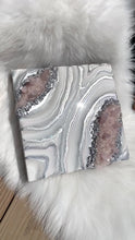Load and play video in Gallery viewer, Silver &amp; White Geode Wall Art w/ Rose Quartz Points - 12&quot; x 12&quot; x 3.75&quot;
