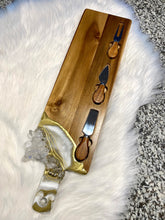 Load image into Gallery viewer, Gold &amp; White Charcuterie Board w/ Brazilian Quartz Crystals &amp; Stainless Steel Knives - 22&quot; x 6&quot; x 1.75&quot;
