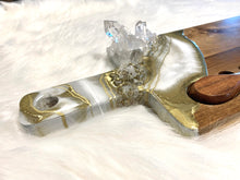 Load image into Gallery viewer, Gold &amp; White Charcuterie Board w/ Brazilian Quartz Crystals &amp; Stainless Steel Knives - 22&quot; x 6&quot; x 1.75&quot;

