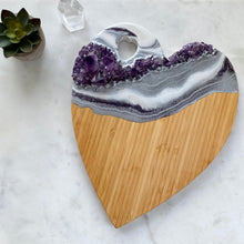 Load image into Gallery viewer, White Purple &amp; Silver Heart Shaped Bamboo Charcuterie Board - Amethyst
