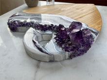 Load image into Gallery viewer, White Purple &amp; Silver Heart Shaped Bamboo Charcuterie Board - Amethyst
