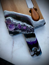 Load image into Gallery viewer, Black &amp; Silver Charcuterie Board w/ Amethyst Crystals - 22&quot; x 6&quot; x 1.75&quot;
