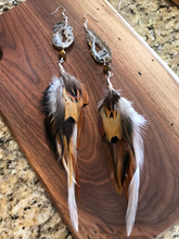 Load image into Gallery viewer, Agate Slice Feather Earrings w/ Tigers Eye wrapped in Fine Silver Wire
