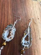 Load image into Gallery viewer, Agate Slice Feather Earrings w/ Tigers Eye wrapped in Fine Silver Wire
